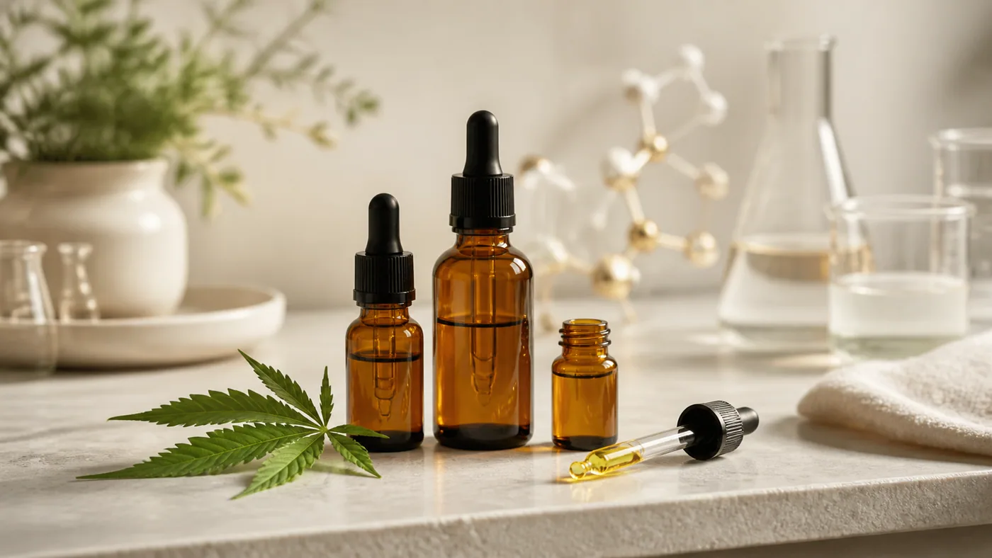 Frascos de óleos naturais, folha de cannabis e vidrarias em ambiente científico
